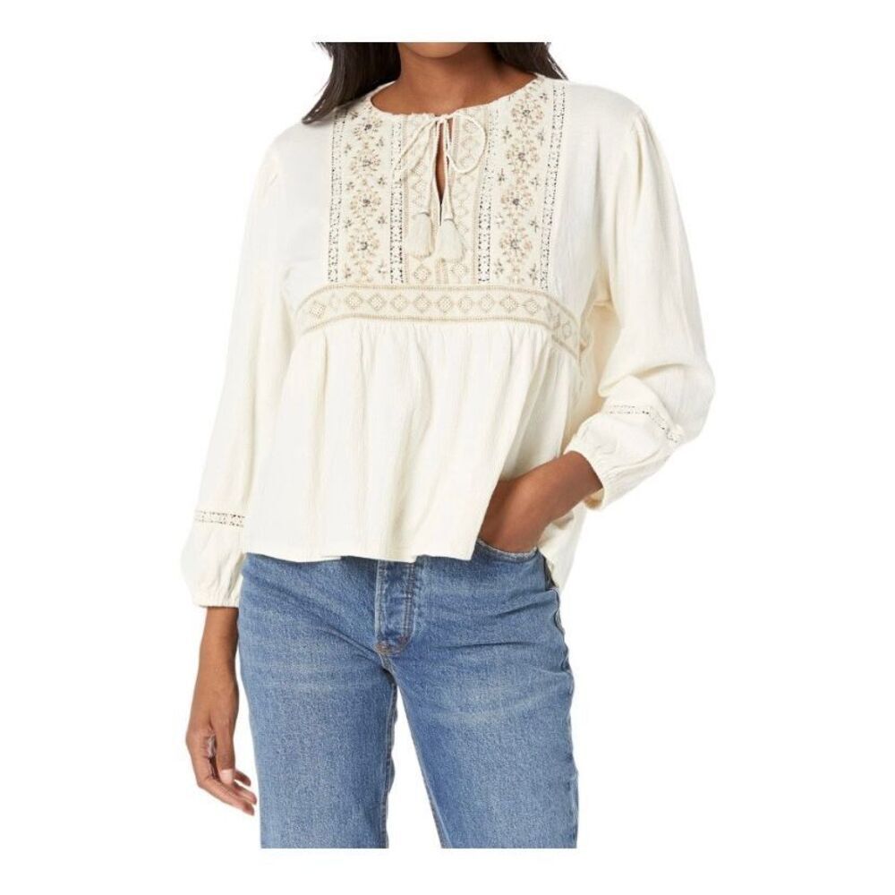Lucky brand women’s ivory beaded tassel closure blouse, s/small